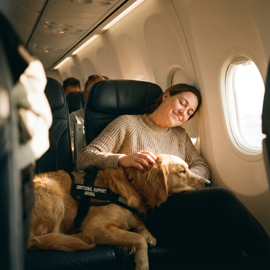 Persona viajando feliz en avión con su mascota de apoyo emocional